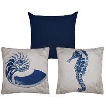 Kit 3 Capa Almofada Linho Estrela Concha Alga Cru Azul 43x43