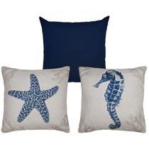 Kit 3 Capa Almofada Linho Estrela Concha Alga Cru Azul 43x43 Kit 3 Capa Almofada Linho Estrela Concha Alga Cru Azul 43x43