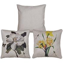 Kit 3 Capa Almofada Linho Lisa Flor Magnolia Narciso 43x43