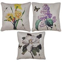 Kit 3 Capa Almofada Linho Magnolia Lavanda Narciso Flor 43cm