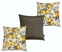 Kit 3 Capa De Almofada Belize Floral Amarelo Cinza Impermeável 45cmx45cm