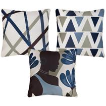 Kit 3 Capas Almofada Linho Africana Figuras Vasos Azul 43x43