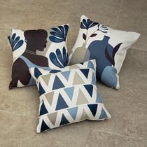 Kit 3 Capas Almofada Linho Africana Figuras Vasos Azul 43x43