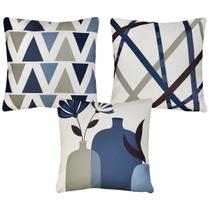 Kit 3 Capas Almofada Linho Africana Figuras Vasos Azul 43x43