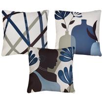 Kit 3 Capas Almofada Linho Africana Figuras Vasos Azul 43x43