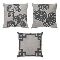 Kit 3 Capas Almofada Linho Bouclé Floral Frame Cinza 50x50