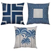 Kit 3 Capas Almofada Linho Estampadas Azul Decorativas 43x43