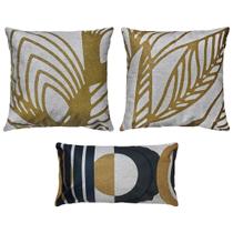 Kit 3 Capas Almofada Linho Folha 3D Mostarda 45x45 E 30x50
