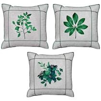 Kit 3 Capas Almofada Linho Folha Flor Verde Drapeada 45x45