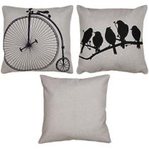 Kit 3 Capas Almofada Linho Lisa Passarinhos Bicicleta 43x43