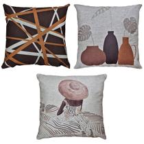 Kit 3 Capas Almofada Linho Mulher Abstrata Vasos Café 45x45 Kit 3 Capas Almofada Linho Mulher Abstrata Vasos Café 45x45