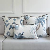 Kit 3 Capas Almofadas Linhão Branco Coqueiros e Ikat Geométrica Azul