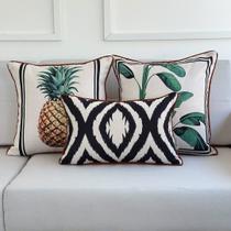 kit 3 Capas Almofadas Linhão Cru Ikat Geométrica, Abacaxi e Planta Verde