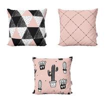 Kit 3 Capas Almofadas Rosa e Preto Decorativas e Geométricas Cactos Para Sofá 40x40 - Novadecora