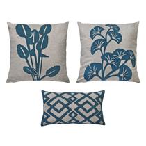 Kit 3 Capas De Almofada Linho Bouclé Flor Treliça Azul 50x50