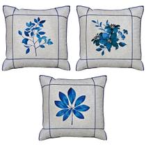 Kit 3 Capas De Almofada Linho Folha Flor Azul Drapeada 45x45