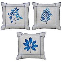 Kit 3 Capas De Almofada Linho Folha Flor Azul Drapeada 45x45