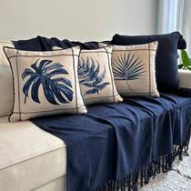 Kit 3 Capas de Almofada linho Folhas Azul 42x42 Kit 3 Capas de Almofada linho Folhas Azul 42x42