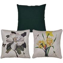 Kit 3 Capas De Almofada Linho Verde e Linho Estampada Flores 43x43 Kit 3 Capas De Almofada Linho Verde e Linho Estampada Flores 43x43