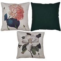 Kit 3 Capas De Almofada Linho Verde e Linho Estampada Flores 43x43 Kit 3 Capas De Almofada Linho Verde e Linho Estampada Flores 43x43