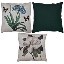 Kit 3 Capas De Almofada Linho Verde e Linho Estampada Flores 43x43 Kit 3 Capas De Almofada Linho Verde e Linho Estampada Flores 43x43