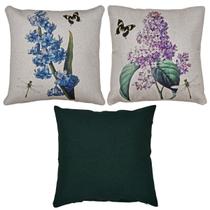 Kit 3 Capas De Almofada Linho Verde e Linho Estampada Flores 43x43 Kit 3 Capas De Almofada Linho Verde e Linho Estampada Flores 43x43