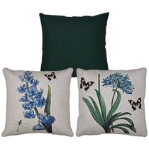 Kit 3 Capas De Almofada Linho Verde e Linho Estampada Flores 43x43