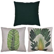 Kit 3 Capas De Almofada Linho Verde e Linho Estampada Folhagens 43x43 Kit 3 Capas De Almofada Linho Verde e Linho Estampada Folhagens 43x43