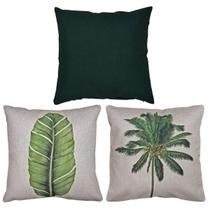 Kit 3 Capas De Almofada Linho Verde e Linho Estampada Folhagens 43x43 Kit 3 Capas De Almofada Linho Verde e Linho Estampada Folhagens 43x43