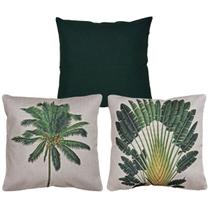 Kit 3 Capas De Almofada Linho Verde e Linho Estampada Folhagens 43x43