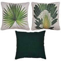 Kit 3 Capas De Almofada Linho Verde e Linho Estampada Folhagens 43x43 Kit 3 Capas De Almofada Linho Verde e Linho Estampada Folhagens 43x43
