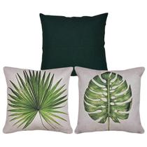 Kit 3 Capas De Almofada Linho Verde e Linho Estampada Folhagens 43x43 Kit 3 Capas De Almofada Linho Verde e Linho Estampada Folhagens 43x43