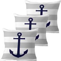 Kit 3 Capas De Almofadas Âncora Azul Navegação Marítima