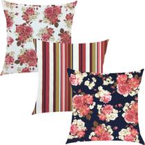 Kit 3 Capas de Almofadas Composê Imperial Rosas com Listrado 45x45cm