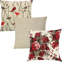 Kit 3 Capas de Almofadas Composê Pássaros, Floral e Linho Liso 45x45cm