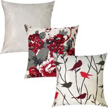 Kit 3 Capas de Almofadas Composê Pássaros, Floral e Sued Liso 45x45cm Kit 3 Capas de Almofadas Composê Pássaros, Floral e Sued Liso 45x45cm