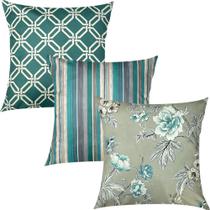 Kit 3 Capas de Almofadas Floral, Geométrico e Listrado Verde Mar Sued Premium 45x45cm