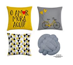 kit 3 capas de almofadas geométrica amarelo e cinza 40x40 + 1 almofada nó