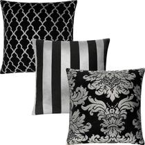 Kit 3 Capas de Almofadas Luxo Preto com Prata 45x45cm Kit 3 Capas de Almofadas Luxo Preto com Prata 45x45cm