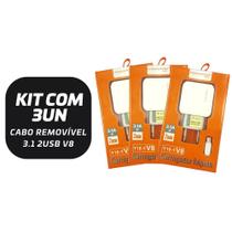 KIT 3 Carregador Rapido 3.1 V8 Cabo Removivel Atacado Para Revenda