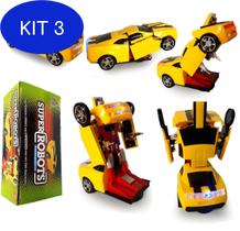 Kit 3 Carrinho Camaro Amarelo Transformers Vira Robô Luz E