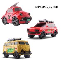 Kit 3 carrinhos de brinquedo fusca kombi brasilia c/ prancha