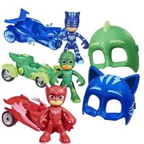 Kit 3 Carrinhos do PJ Masks + 3 Bonecos PJ Masks 7cm Largatixo Menino Gato Corujita Ganhe 2 Máscaras Hasbro