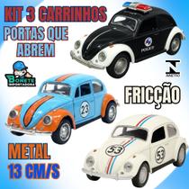 Kit 3 Carrinhos Fusca de Metal 13cm com Fricção e Portas que Abrem