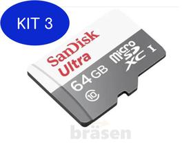 Kit 3 Cartão De Memória 64gb Sandisk MicroSD A1 C10 100Mb/S