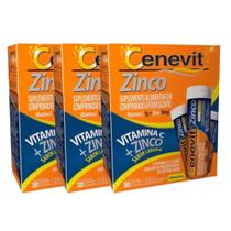 Kit 3 Cenevit Vitamina C 1g + Zinco 10mg - 30 Comp Efervescente Sabor Laranja