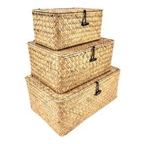 Kit 3 Cesta Bau Fibra Natural Bege Retangular Cesto P, M, G