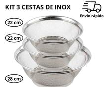 Kit 3 Cestas em Inox Escorredor Multiuso 1 de 28cm + 2 de 22cm P/ Cozinha Escorrer Macarrão Legumes Kit 3 Cestas em Inox Escorredor Multiuso 1 de 28cm + 2 de 22cm P/ Cozinha Escorrer Macarrão Legumes