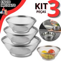 Kit 3 Cesto De Inox Escorredor 22 25 E 28CM Para Lavar Alimentos Arroz Legumes Frutas Massas Resistente Multiuso