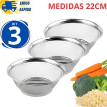 Kit 3 Cesto De Inox Escorredor 22CM Para Lavar Alimentos Arroz Legumes Frutas Massas Resistent